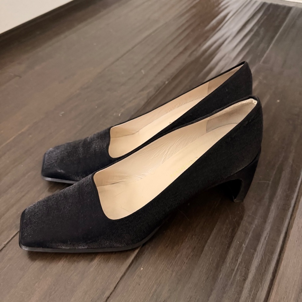 VTG Studio Delman Satin Black Square Toe Architectural Heel Size 9M - Picture 6 of 7